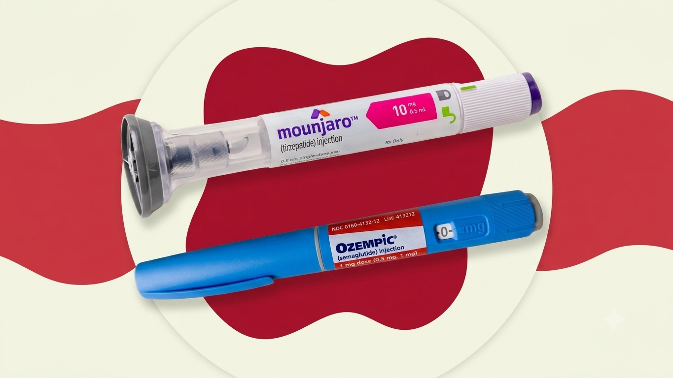 Two diabetes injection pens (Mounjaro and Ozempic) lie diagonally on a cream and red abstract background. Each pen shows its label and color-coded caps.