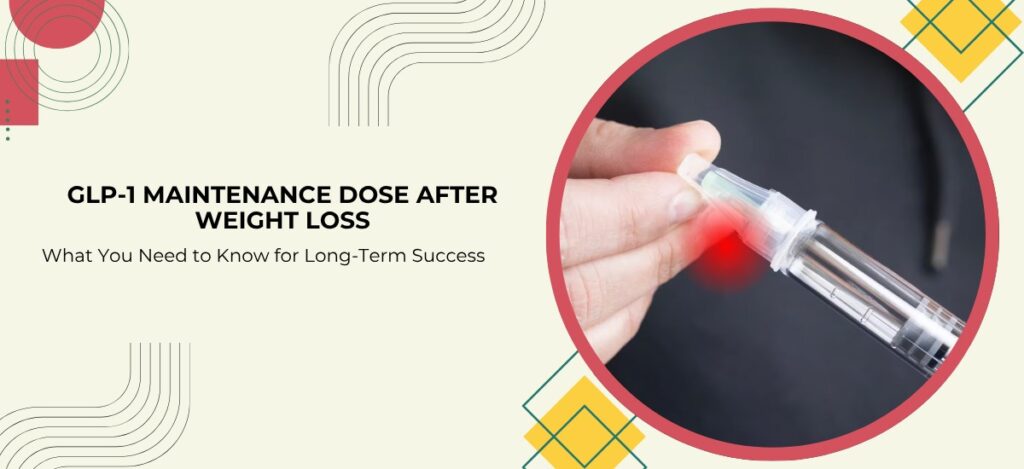Banner about GLP-1 maintenance dose after weight loss; shows a hand injecting with a syringe in a circular frame on the right.