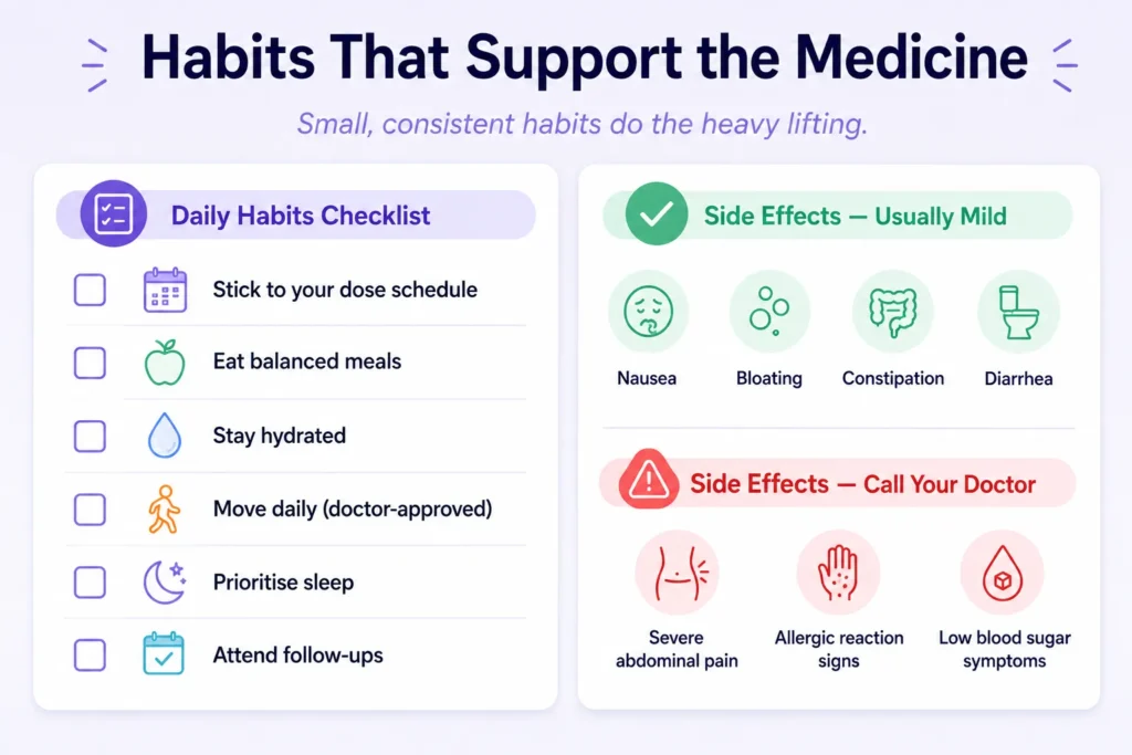 Infographic titled Habits That Support the Medicine; two panels show a Daily Habits Checklist and Side Effects with icons and notes such as nausea, bloating, constipation, diarrhea.