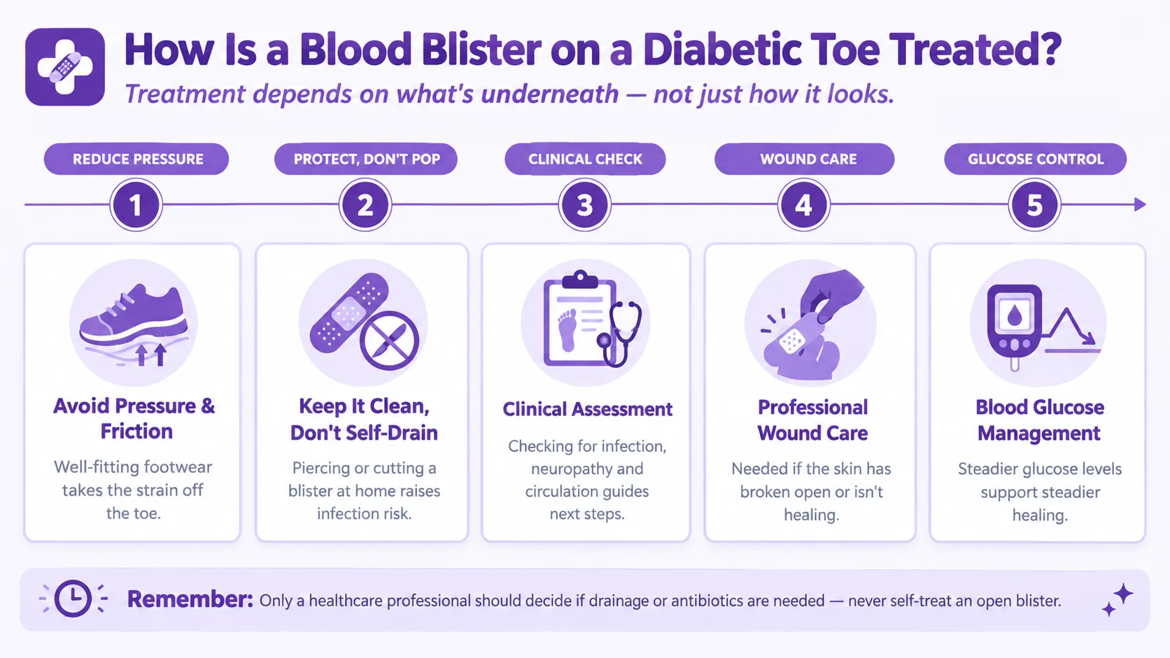 Infographic titled 'How Is a Blood Blister on a Diabetic Toe Treated?' with a 5-step treatment timeline: reduce pressure, protect don’t pop, clinical check, wound care, glucose control.