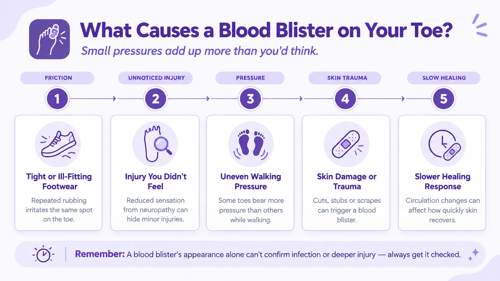 Infographic listing five causes of a toe blood blister: tight/ill-fitting footwear, an unseen injury, pressure from uneven walking, skin trauma, and slower healing.