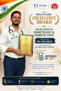 Male doctor holding a framed award certificate at a healthcare excellence event backdrop with national flag colors and logos behind him.